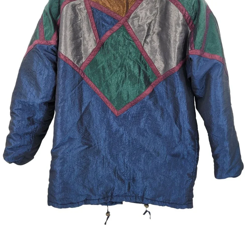 Vtg 80s Colorblock Nylon Winter‎ Jacket Coat Sz M Metallic Multicolor Geometric